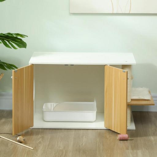 Mueble Arenero para Gatos con Centro de Juegos Cojín Pelota Puerta Lateral y Patas Antideslizantes 94x48x50,5cm Blanco [1]