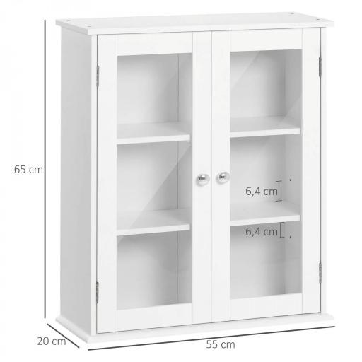 Armario de Pared Baño de 2 Puertas de Cristal Armario Colgante Multiusos para Cocina Salón con Estantes Interiores y Balda Ajustable 55x20x65 cm Blanco  [1]