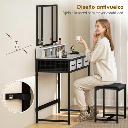 Tocador de Maquillaje con Espejo Tríptico Desmontable Taburete 3 Cajones de Tela Soporte para Secador de Pelo Gris [2]