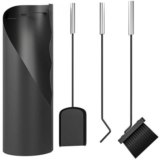 Juego de Utensilios para Chimenea de 4 Piezas de Metal con Escoba Pala Atizador y Cubo 20x20x65 cm Plateado [8]