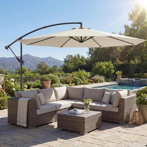 Parasol Excéntrico Ø300 cm con Base Cruzada Toldo Ajustable y Manivela UPF30+ para Terraza Patio Blanco Crema