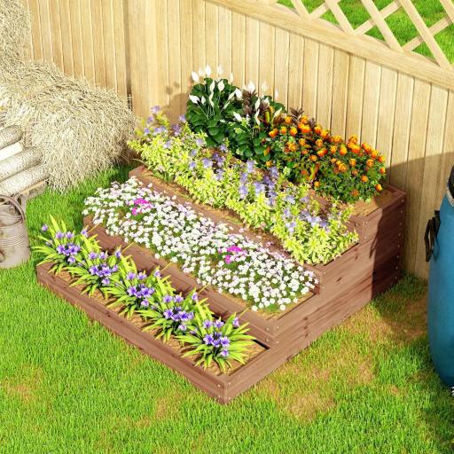 Jardinera de Madera Elevada de 4 Niveles con Diseño de Escalera para Cultivos Plantas Flores 113x113x46 cm Café Oscuro [6]