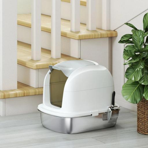 Arenero para Gatos de Acero Inoxidable XL con Tapa Abatible Laterales Altos Entrada Superior Pala Blanco [7]