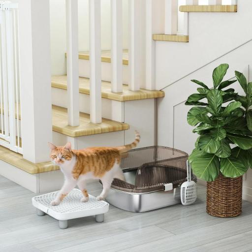 Arenero para Gatos Cubierto con Bandeja de Acero Inoxidable Bordes Altos Pala Peldaño y Zona para Caída de Arena Gris [4]