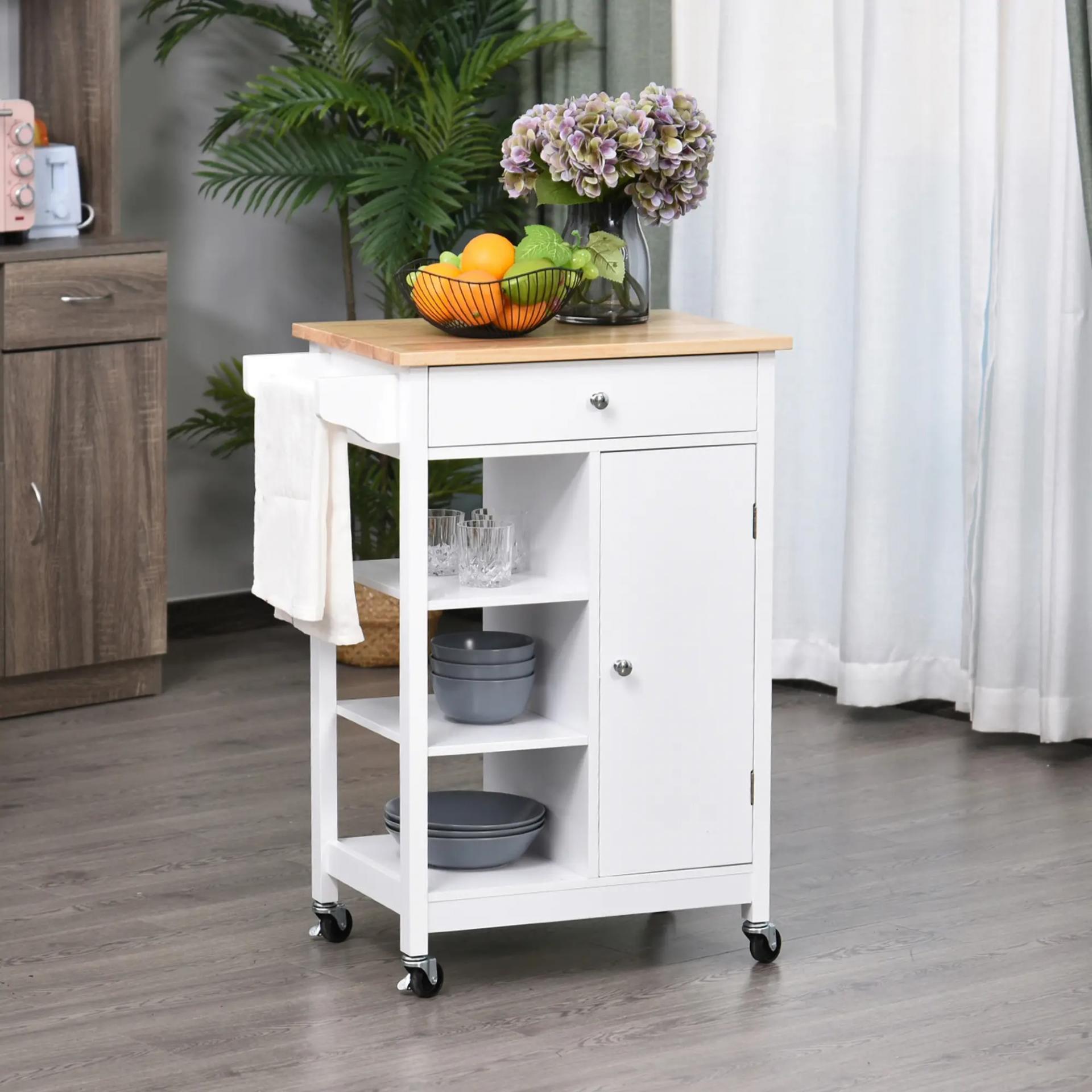 Carrito de Cocina Carro Auxiliar con Ruedas 1 Cajón 1 Armario 3 Estantes Abiertos de Almacenamiento para Comedor 66x39,5x86,5 cm Blanco