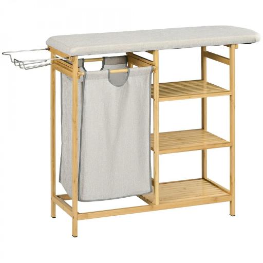 Cesto de Ropa Sucia 57,4L con Tabla de Planchar Soporte para Plancha 3 Estantes y Bolsa Extraíble 113x34x82 cm Natural [9]