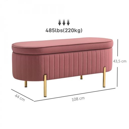 Banco para Pie de Cama con Almacenaje Tapizado en Terciopelo Patas Doradas y Diseño Elegante Ovalado 108x44x43,5cm Rosa [5]