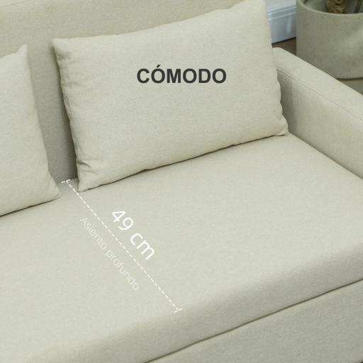Sofá de 2 Plazas Tapizado en Lino Sintético con Espacio de Almacenaje 2 Almohadas y Patas de Madera 135x71x84 cm Beige [5]