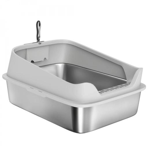 Arenero para Gatos de Acero Inoxidable XXL con Borde Alto Pala Fácil de Limpiar Prueba de Fugas 70x50x30 cm Gris [9]