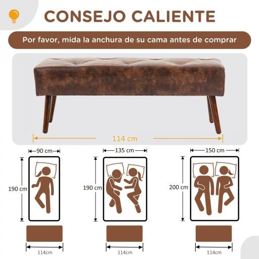 Banco de Pie de Cama Banqueta de dormitorio con Patas de Madera y Asiento Acolchado 114x38x42 cm Marrón [2]