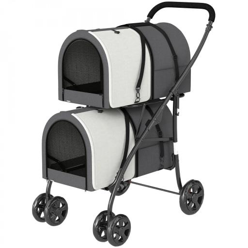 Carrito Doble para Perros Gatos Plegable con 2 Transportines Extraíbles con Cinturón y Cojines 66x50x98cm Gris Oscuro [9]