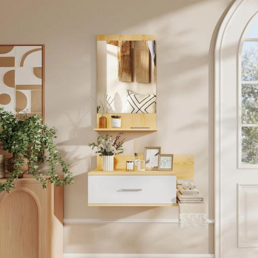 Conjunto de Recibidor de Entrada de Pared con Espejo y Almacenaje Espejo con Cajón y 2 Estantes Abiertos Madera Natural