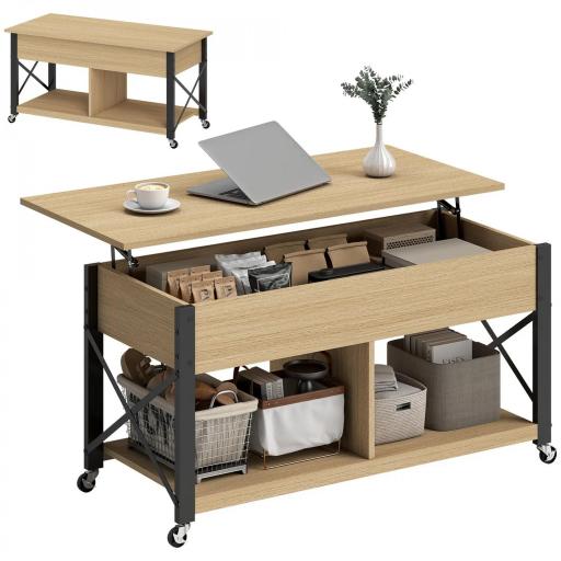 Mesa de Centro Elevable con Ruedas Mesa de Salón con Compartimento Oculto Estantes Abiertos Madera Natural y Blanco [8]