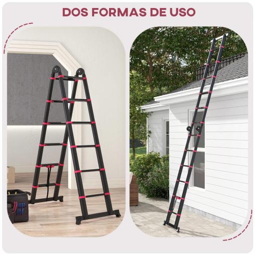 Escalera de Aluminio Plegable 2 Formas de Uso con 12 Escalones Antideslizantes Carga 150 kg 379x67,5x11 cm Negro y Rojo [2]
