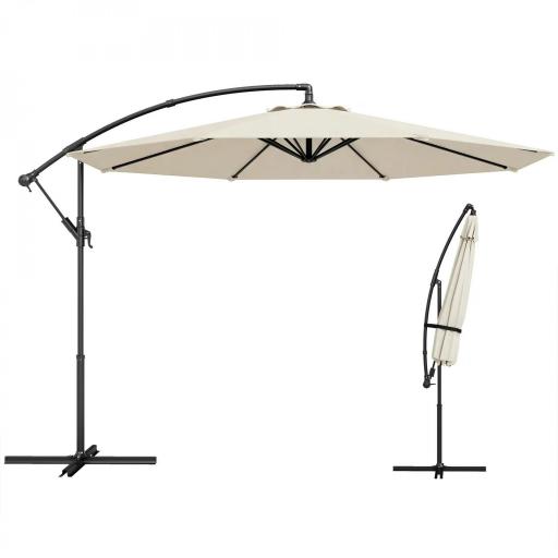 Parasol Excéntrico Ø300 cm con Base Cruzada Toldo Ajustable y Manivela UPF30+ para Terraza Patio Blanco Crema [9]