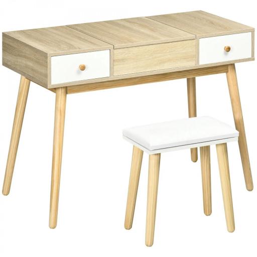 Tocador de Maquillaje con Espejo Abatible 100 cm Mesa de Maquillaje con Taburete Acolchado Cojín Suave Compartimentos y Cajones Patas de Madera Maciza Color Natural [8]