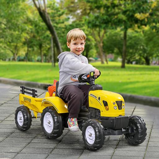 Tractor a Pedales para Niños a partir de 3 Años con Remolque y 2 Herramientas Carga 35 kg 133x42x51 cm Amarillo