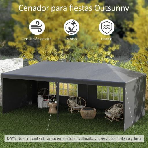 Carpa de Jardín 6x3m con 4 Paredes Laterales 2 Ventanas Visibles Cenador Gazebo de Exterior para Fiestas Eventos Gris [2]