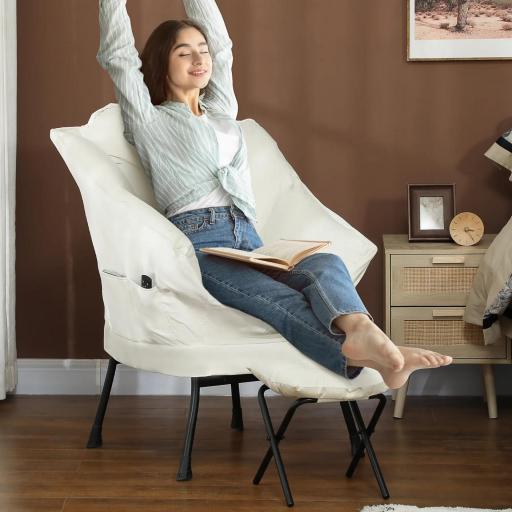 Sillón de Salón con Otomana Sillón de Relax con Bolsillos Laterales y Patas de Acero para Sala de Estar Dormitorio Crema