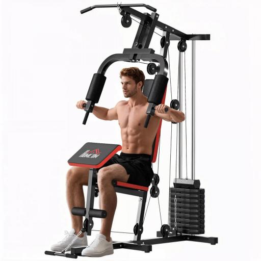 Máquina de Musculación con Placas de Peso de 65 kg Carga Max. 100 kg para Entrenamiento Fitness en Hogar Negro y Rojo [9]