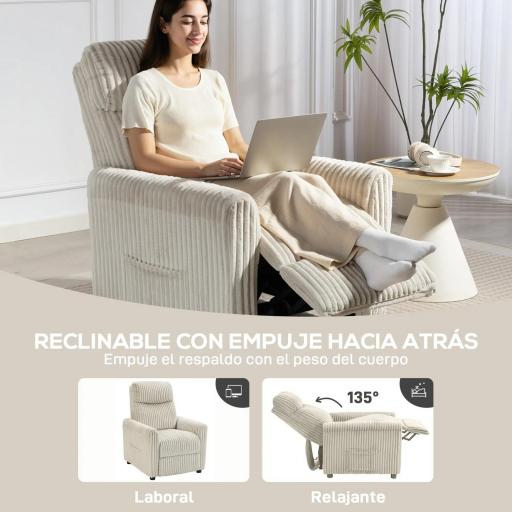 Sillón Relax Reclinable Manual Tapizado en Pana Instalación Rápida Reposapiés Acolchado Grueso Crema [2]