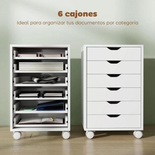 Cajonera Escritorio Archivador Móvil con 6 Cajones Ruedas Guías Deslizantes Silenciosas para Oficina Casa Blanco [6]