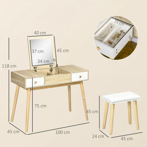 Tocador de Maquillaje con Espejo Abatible 100 cm Mesa de Maquillaje con Taburete Acolchado Cojín Suave Compartimentos y Cajones Patas de Madera Maciza Color Natural [1]