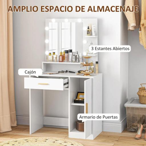 Tocador de Maquillaje con Taburete Espejo LED Cajones Estante Ajustable y Estantes Abiertos para Dormitorio Blanco [5]