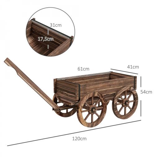 Jardinera de Madera Exterior en Forma de Carrito con 4 Ruedas y Mango para Balcón Jardín Patio 120x41x54 cm Carbonizado [1]