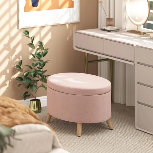 Puff Almacenaje Ovalado Banco Almacenaje 71x51,5x42 cm Tapizado en Terciopelo con Patas de Madera Maciza Rosa Claro [5]