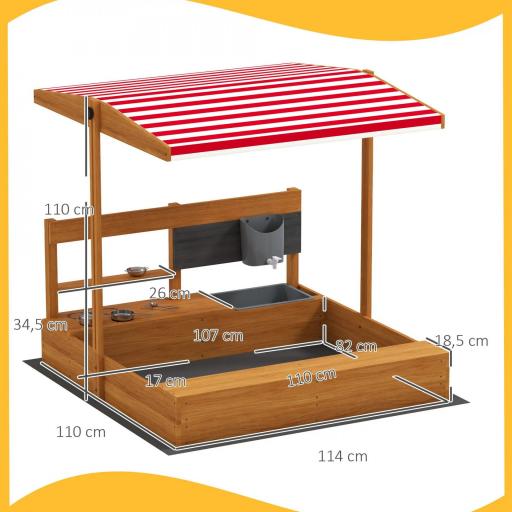 Arenero de Madera para Niños con Techo Regulable con Juguetes de Cocina Juego para Niños 3-7 Años 114x110x110 cm Marrón [1]
