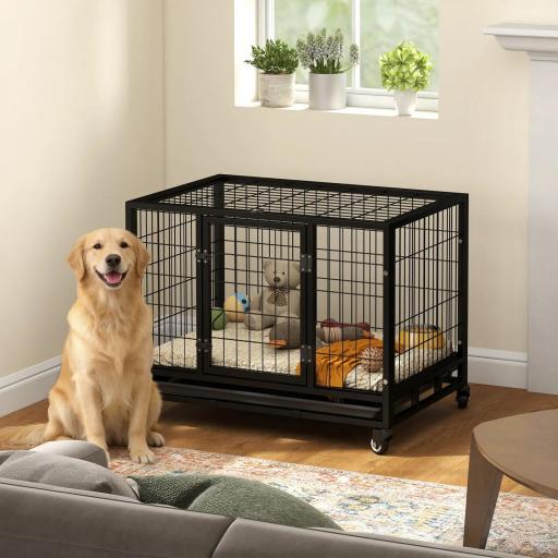 Jaula de Metal para Perros con Ruedas y Frenos Bandeja Extraíble y Puerta con Pestillo para Golden Retriver Labrador 92x62x75 cm Negro