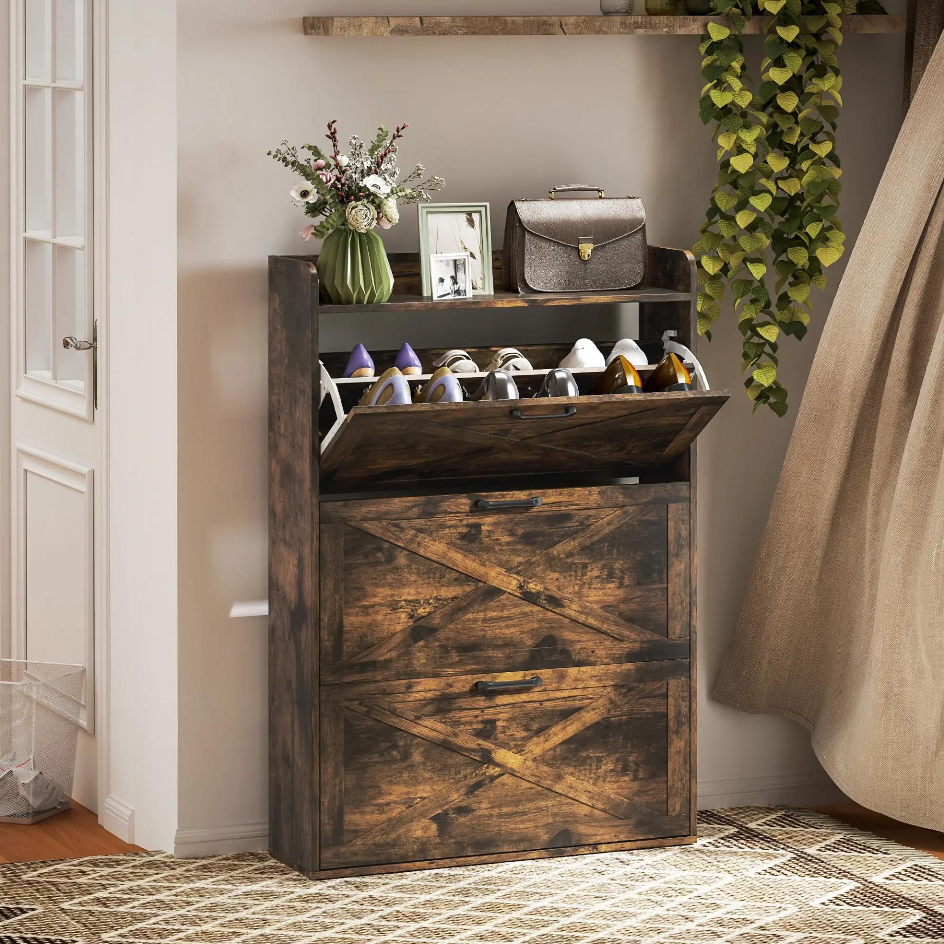 Zapatero Estrecho de 3 Cajones Abatibles para 24 Pares Diseño Rústico con Puertas de Granero 80x24x118 cm Marrón