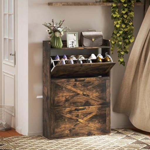 Zapatero Estrecho de 3 Cajones Abatibles para 24 Pares Diseño Rústico con Puertas de Granero 80x24x118 cm Marrón