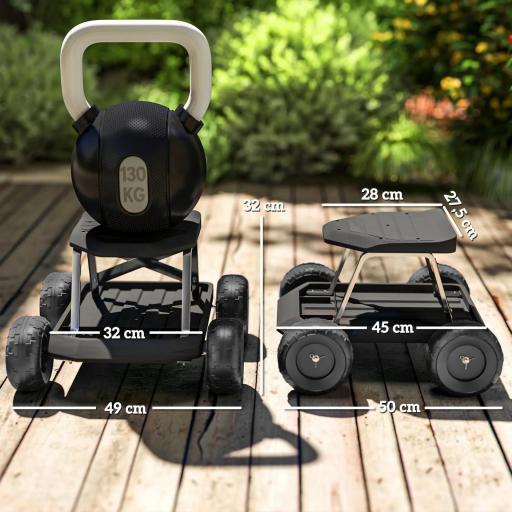 Asiento de Jardín con Ruedas Taburete de Jardinería con Bandeja de Herramientas Carga 130 kg 50x49x32 cm Negro [1]