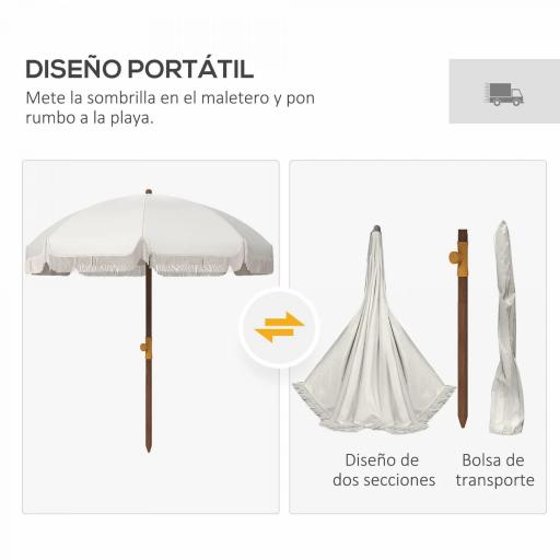 Sombrilla de Playa con Flecos Ø190x210 cm con 8 Varillas Apertura Manual Anti-UV Impermeable y Bolsa de Transporte Gris [3]