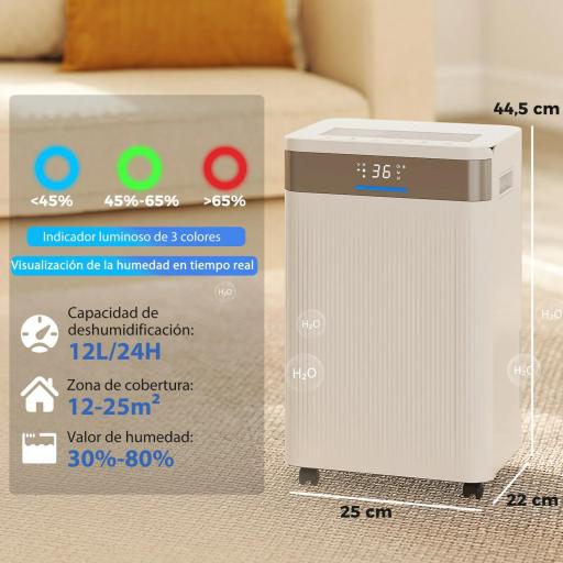 Deshumidificador 12L/día Silencioso con 3 Modos Pantalla LED Temporizado 24H Bloqueo Infantil y Drenaje Continuo Blanco [2]