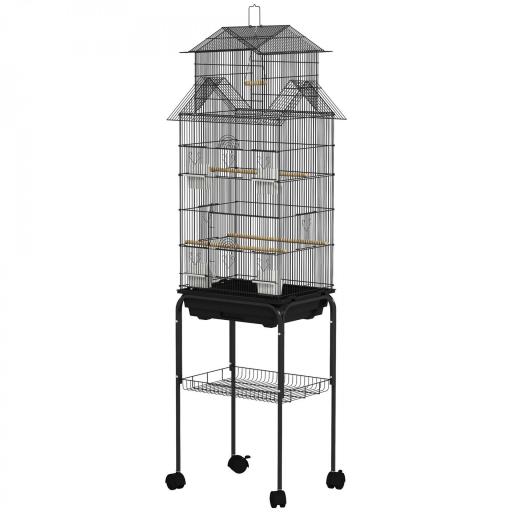 Jaula para Pájaros con Ruedas Comederos Perchas Columpio y Bandeja Extraíble 50,5x41x163 cm Negro [8]
