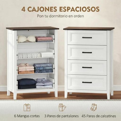 Cómoda Dormitorio Estrecho y Alto con Encimera Efecto Madera Cajonera para Espacios Pequeños 60x35x87 cm Blanco [2]