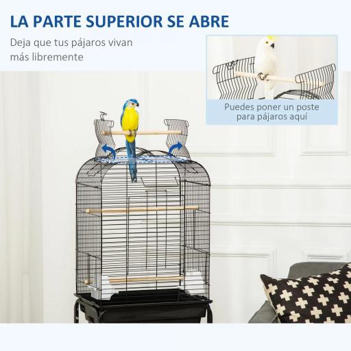 Jaula para Pájaros con Soporte Jaula de Aves Canarios con 4 Ruedas Techo Abrible 2 Comederos 3 Perchas Bandeja Extraíble y Estante Inferior 46x36x130 cm Negro [6]