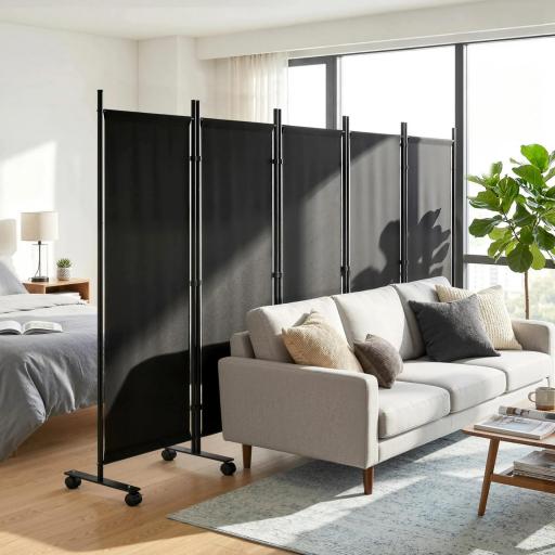 Biombo Plegable de 5 Paneles con 12 Ruedas 252x170 cm Biombo Separador de Ambientes Modulable Negro