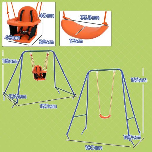 Columpio para Niños y Bebés con 1 Silla para Niños 1 Silla para Bebés y Cinturón de Seguridad 180x160x182 cm Naranja [4]