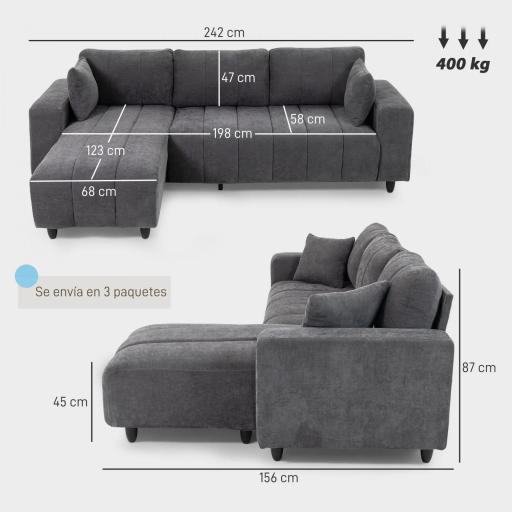 Sofá Chaise Longue Reversible de 3 Plazas 2 Almohadas Tapizado en Lino Marco de Acero 242x156x87 cm Gris Oscuro [1]