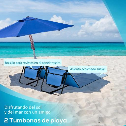 Conjunto de 2 Esterillas de Playa Plegable con Respaldo Reclinable y Bolsa de Transporte 142x51x40 cm Azul [5]