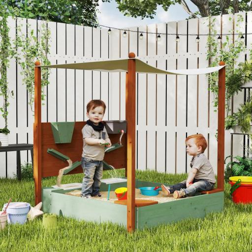 Arenero para Niños de Madera con Techo Arenero Infantil con 2 Asientos 2 Cajas Grifo Embudo 116x112,5x128 cm Verde