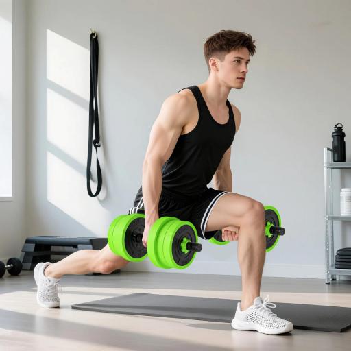 Kit de Gimnasio 4 en 1 con Barra de Pesas Mancuernas Kettlebell para Entrenamiento de Fuerza en Casa Color Verde y Negro [6]