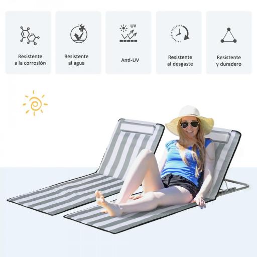 Conjunto de 2 Esterillas con Respaldo Reclinable Reposacabezas y Bolsa de Transporte 134x48x33-43 cm Blanco y Gris [4]