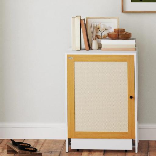 Mueble Arenero para Gatos con Bandeja Extraíble Compartimentos y Tapete para Rascar 57x50x80,5 cm Blanco y Roble [7]