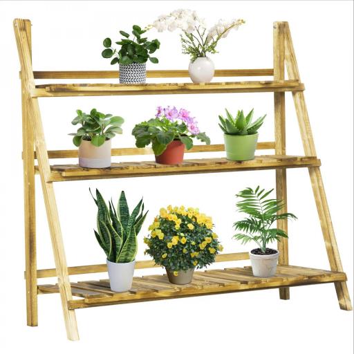 Soporte para Plantas de Madera de 3 Niveles para Interior y Exterior Terraza Jardín 100x37x93 cm Carbonizado [9]