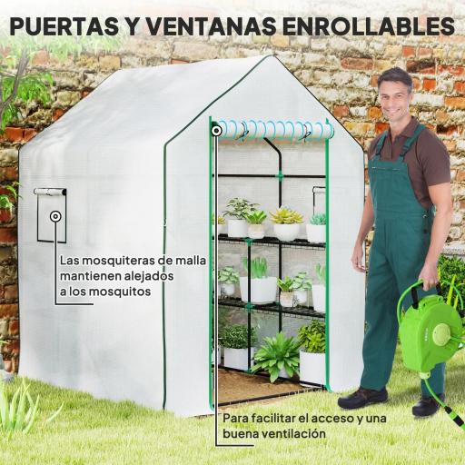 Invernadero de Exterior con 6 Estantes Puerta Enrollable Cubierta de PE y Marco de Acero 140x143x190 cm Blanco [4]